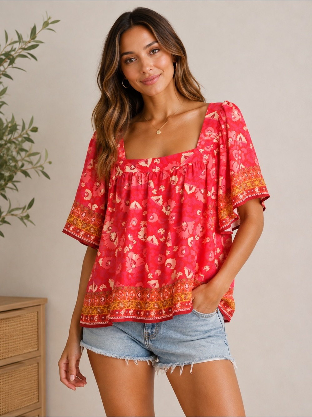 Flying Tomato Pink Red Boho Floral Square Neck Blouse Size S
